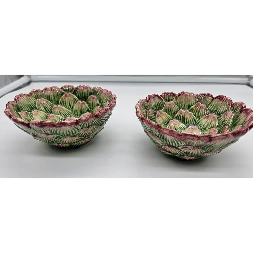 Fitz & Floyd 1991 Artichoke Bowls Set of 2 Green Purple Ceramic Botanical Decor